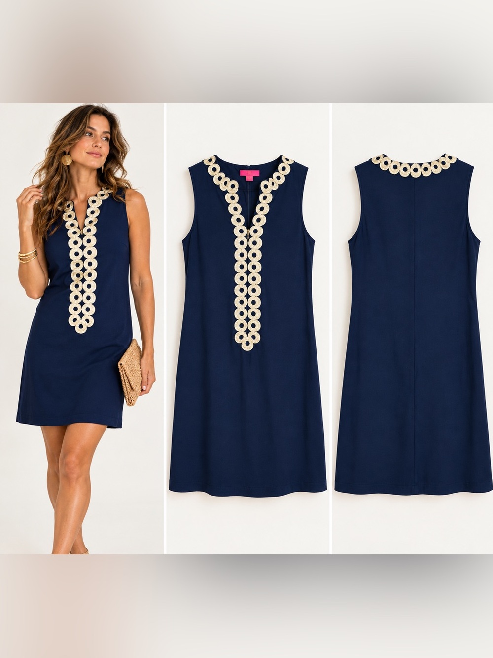 Lilly Pulitzer Jane Shift Dress 10 True Navy Gold Embroidered NWT